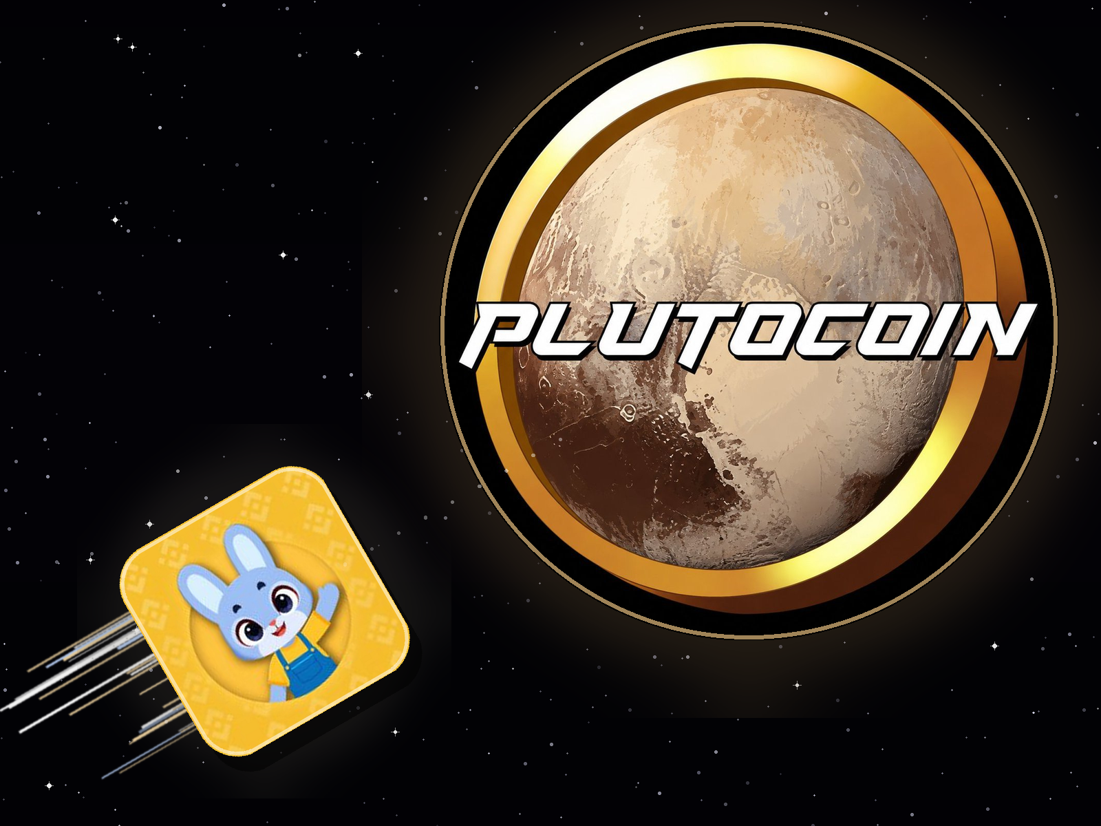 PlutoCoin — a golden coin featuring the planet Pluto, with Max the space bunny rocketing toward it